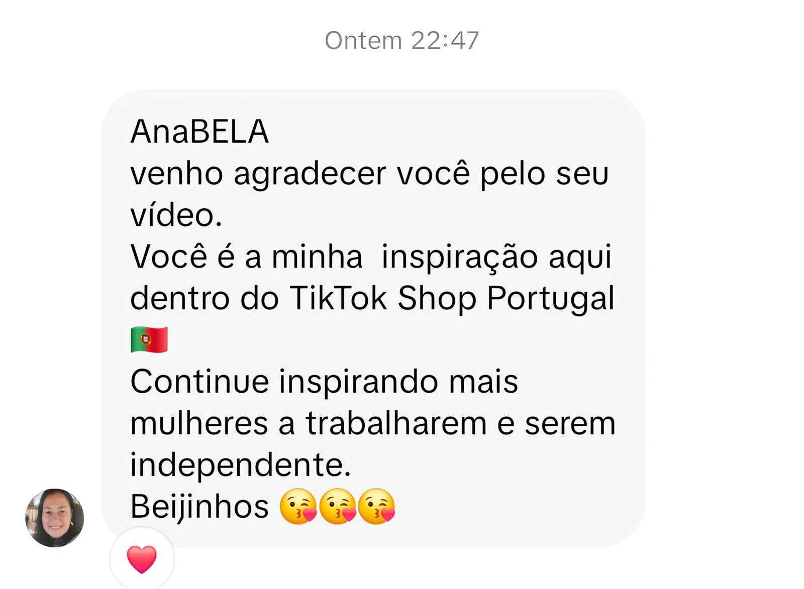 Mensagem de uma seguidora que considera Anabela uma inspiração no TikTok Shop Portugal
